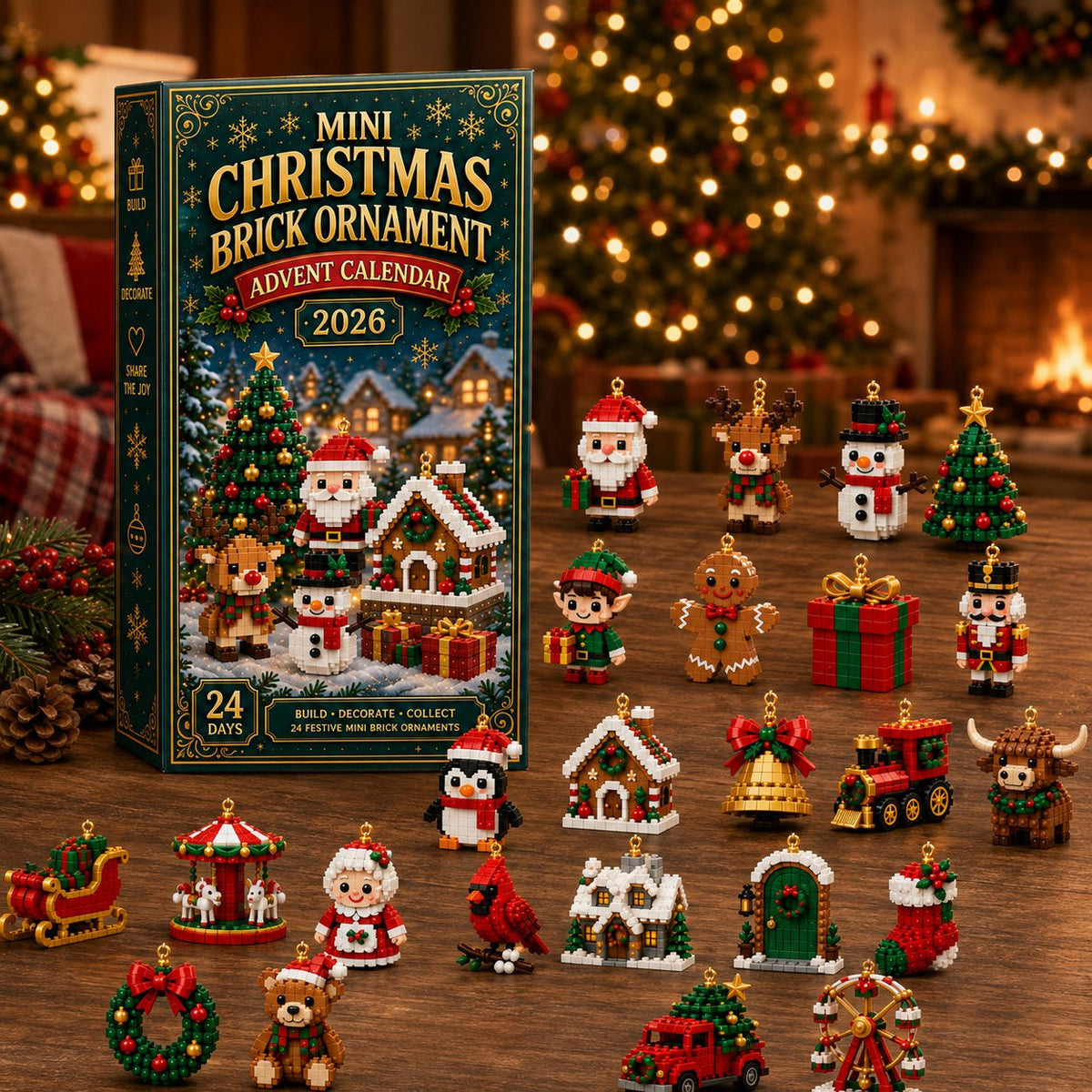🎄24-dages mini-julekalender med byggeklodser | 24 unikke julemotiver, der kan samles, med ophæng til juletræer, guirlander og julepynt 🧱