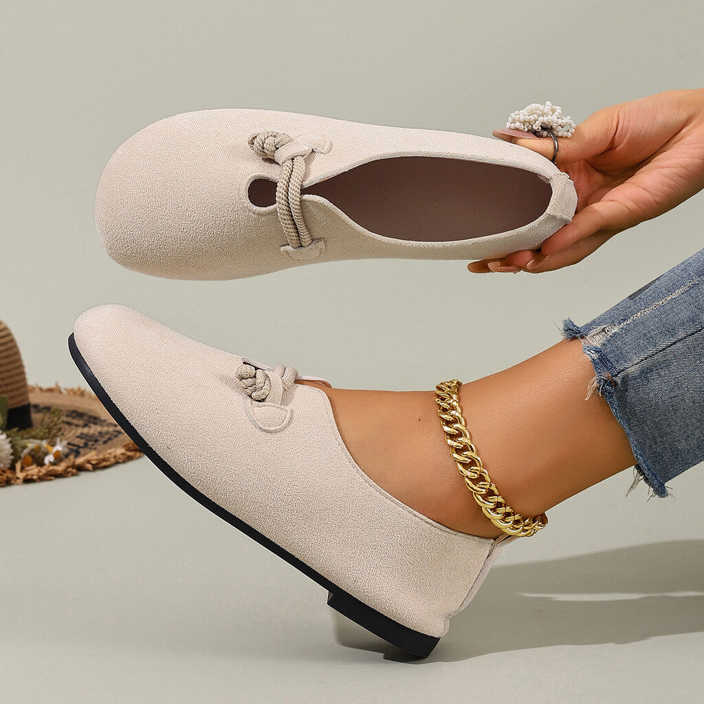 🟔 Slip-on-ballerinasko i imiteret ruskind til kvinder – tidløst design med rebknude i sort og beige 🍂