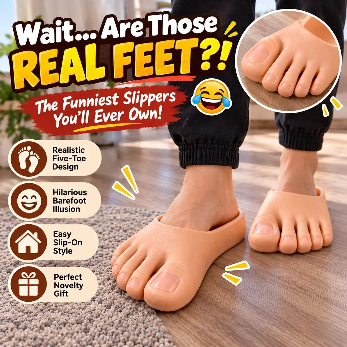 😂 Realistiske barfodsslippers – sjove sandaler med kæmpe tæer, en hylende morsom gave til en spøg 👣