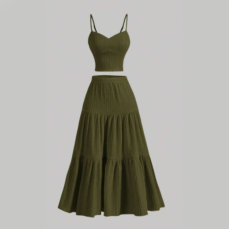 👗 Sæt bestående af en A-formet nederdel med høj talje og en tanktop – Boho-chic stil, krøllet stof og justerbar pasform 🌿