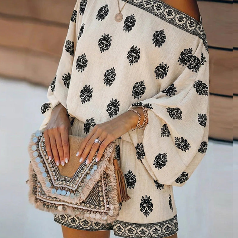 🏖️ BEGRÆNSET TILBUD: 50 % RABAT! ✨ Boheme-inspireret jumpsuit med bare skuldre – vintage-print, ferie, afslappet ✨