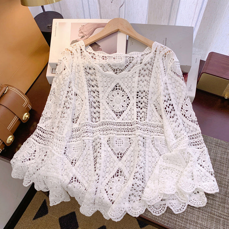 👒 BEGRÆNSET TID: 50 % RABAT! 🌊 Vintage-inspireret bluse med blonder til kvinder – udvidede ærmer, boheme-inspireret strandtøj 🌸