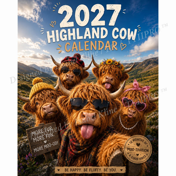 2027 Highlandko vægkalender – Sjov A4-kalender til hjemmet | Designet af Isabel Kline
