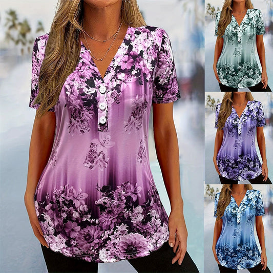 👚 50 % RABAT! 🌸 Elegant kortærmet dametop med blomsterprint – let stof, romantisk design og perfekt til varme dage ☀️