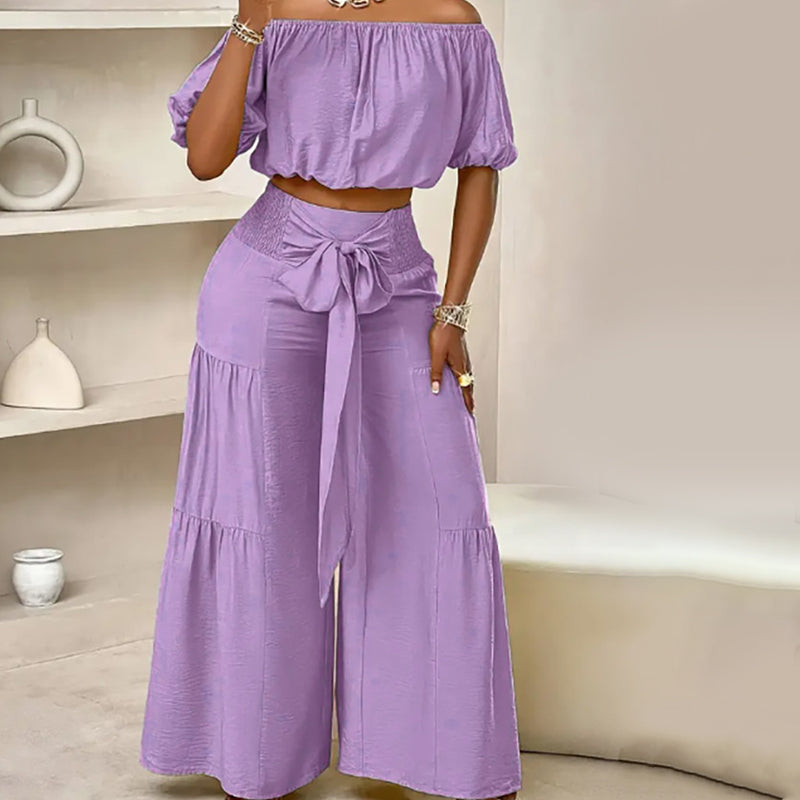 💎 50 % RABAT PÅ SÆTTET MED OFF-SHOULDER OG PUFFÆRMER! 💎 Bukser med høj talje, romantisk udskæring og strækbart stof ✨