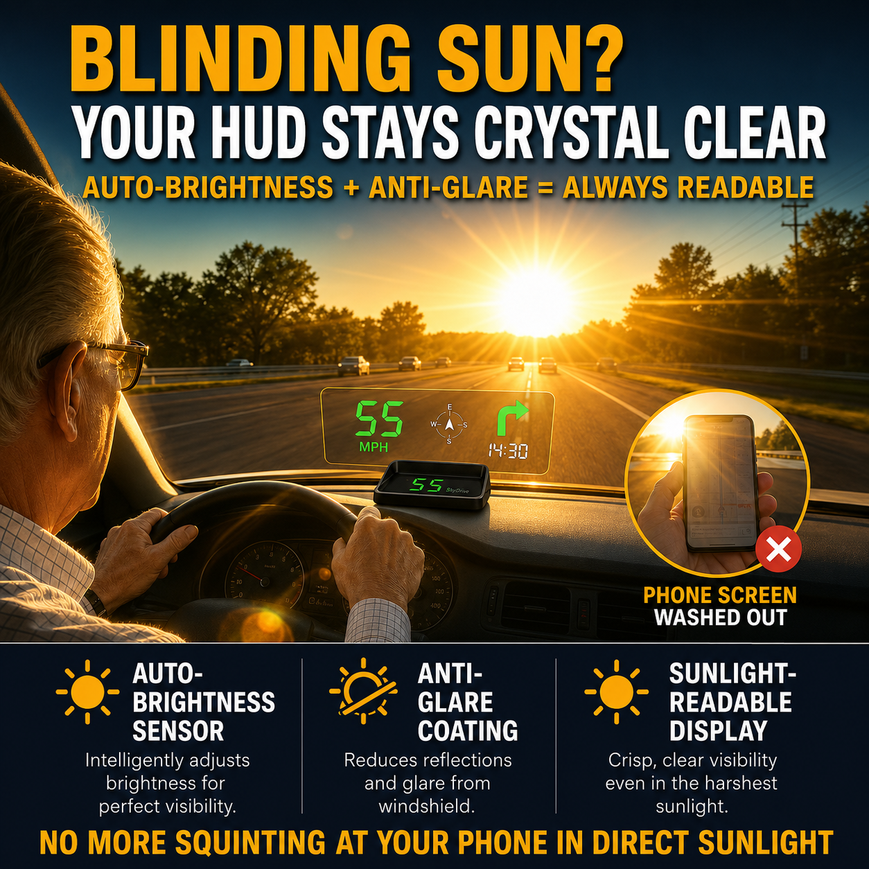 Head-Up Display (HUD) – GPS til bilen med digitalt speedometer