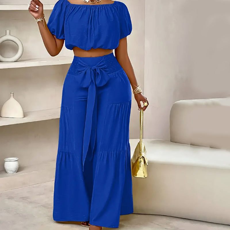 💎 50 % RABAT PÅ SÆTTET MED OFF-SHOULDER OG PUFFÆRMER! 💎 Bukser med høj talje, romantisk udskæring og strækbart stof ✨