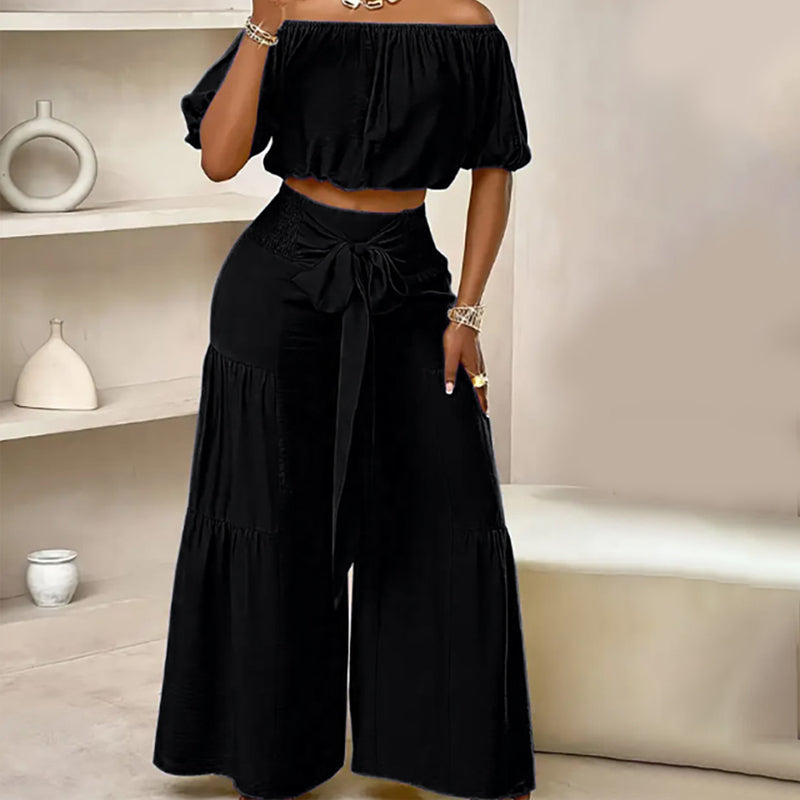 💎 50 % RABAT PÅ SÆTTET MED OFF-SHOULDER OG PUFFÆRMER! 💎 Bukser med høj talje, romantisk udskæring og strækbart stof ✨