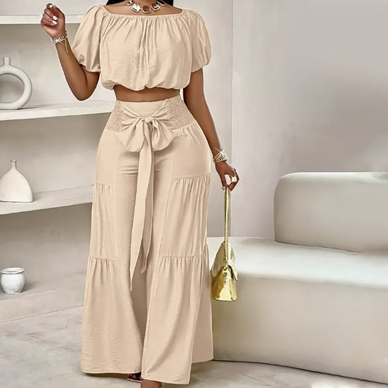 💎 50 % RABAT PÅ SÆTTET MED OFF-SHOULDER OG PUFFÆRMER! 💎 Bukser med høj talje, romantisk udskæring og strækbart stof ✨