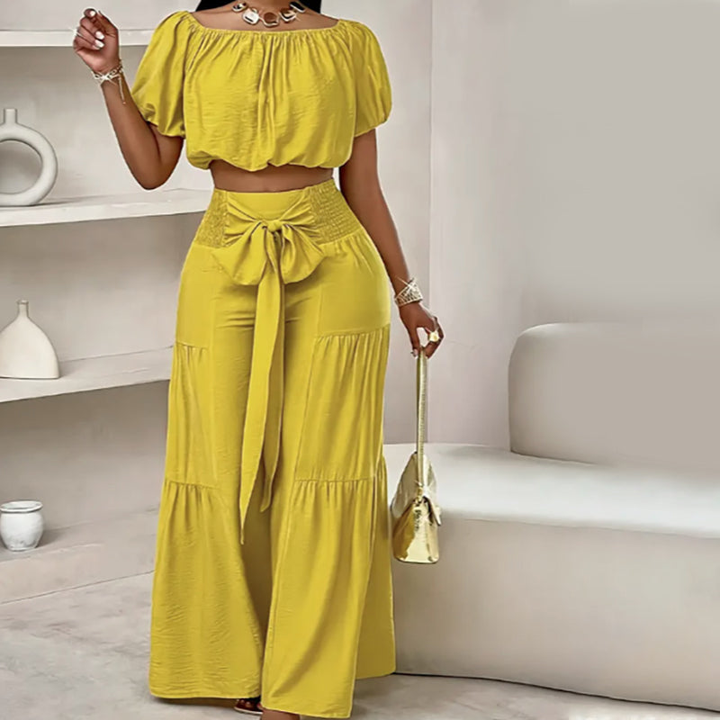 💎 50 % RABAT PÅ SÆTTET MED OFF-SHOULDER OG PUFFÆRMER! 💎 Bukser med høj talje, romantisk udskæring og strækbart stof ✨