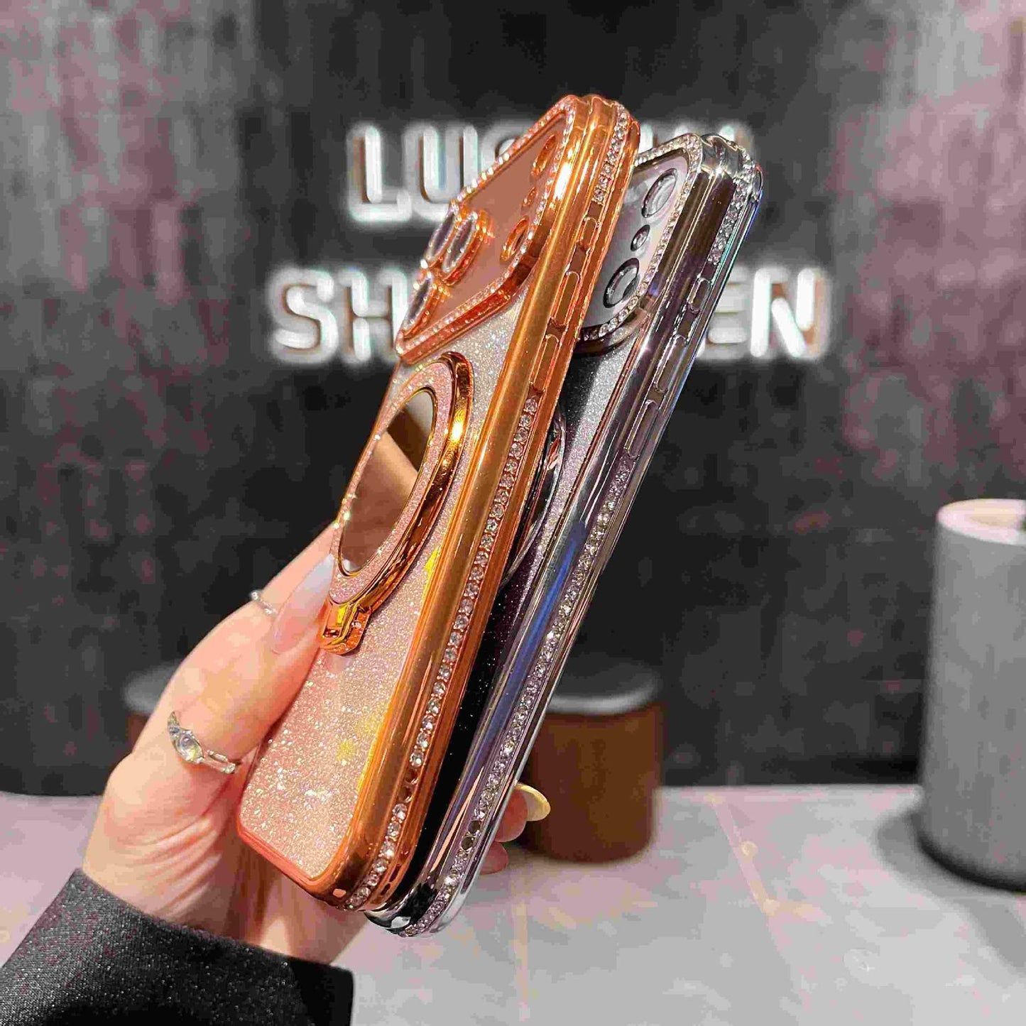 📲✨Gradient Glitter Holder Makeup Mirror Beskyttende etui