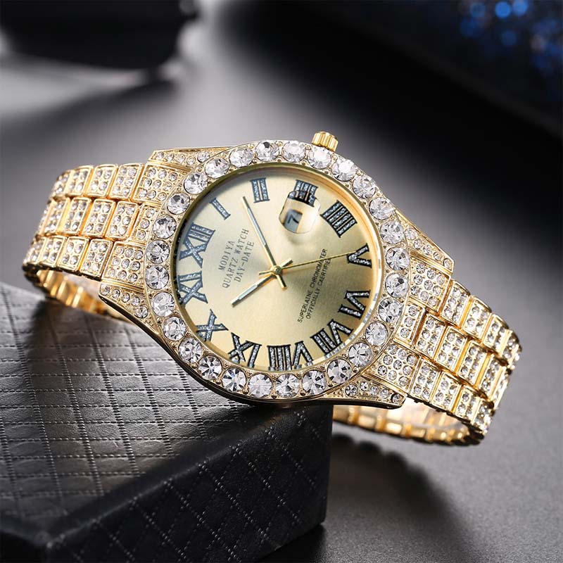 Kvinders kvartsur med rhinestone stål armbån
