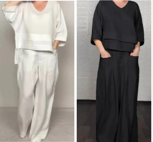 💎 2-delt sæt i bomuld og hør med uregelmæssig kant – top med V-udskæring + bukser med brede ben: Åndbart og ubesværet stilfuldt 🍂👚