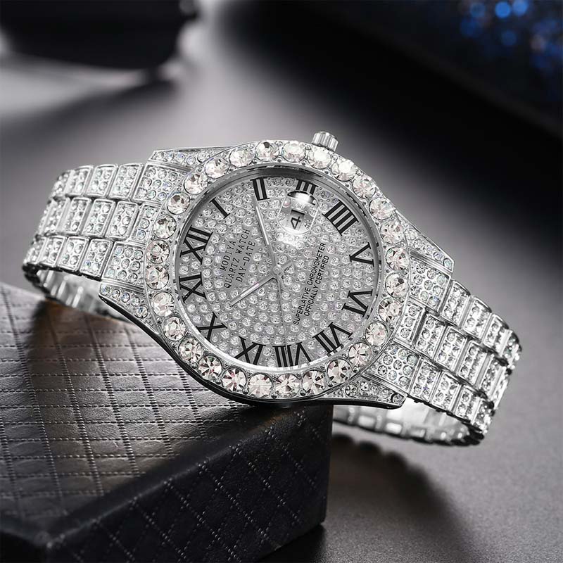 Kvinders kvartsur med rhinestone stål armbån