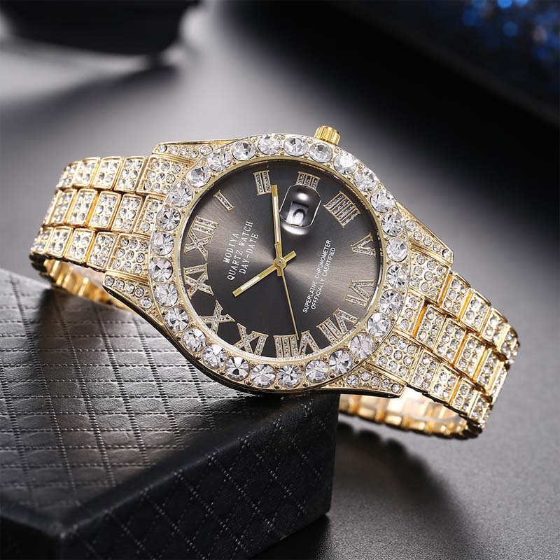 Kvinders kvartsur med rhinestone stål armbån