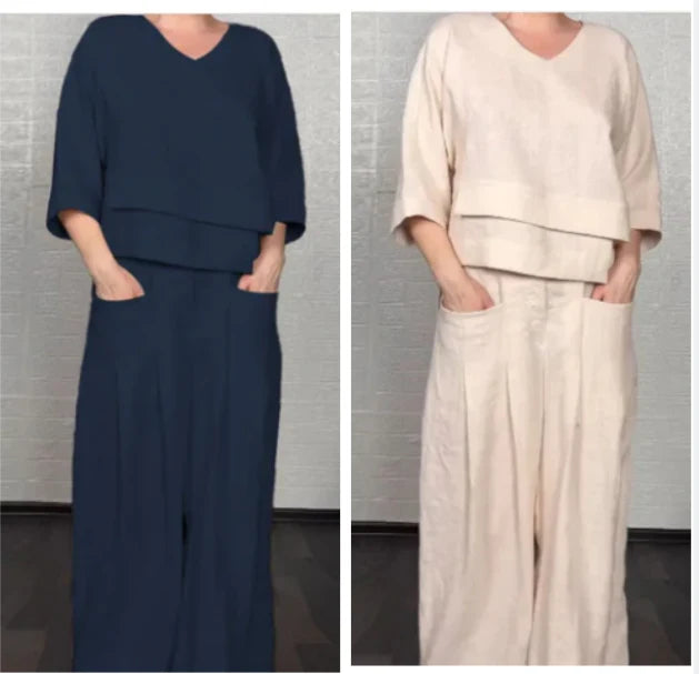 💎 2-delt sæt i bomuld og hør med uregelmæssig kant – top med V-udskæring + bukser med brede ben: Åndbart og ubesværet stilfuldt 🍂👚
