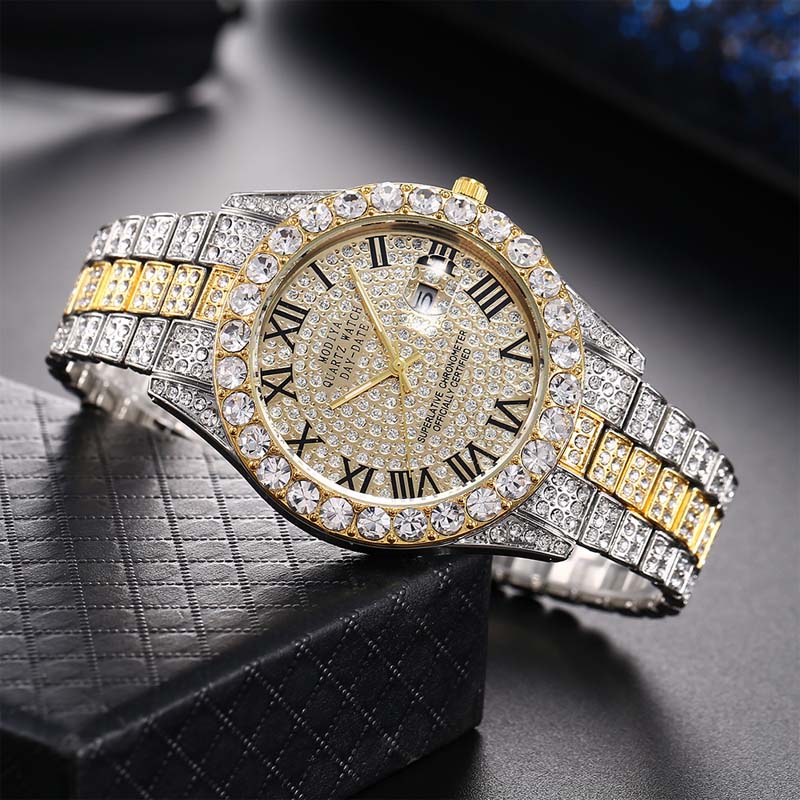 Kvinders kvartsur med rhinestone stål armbån