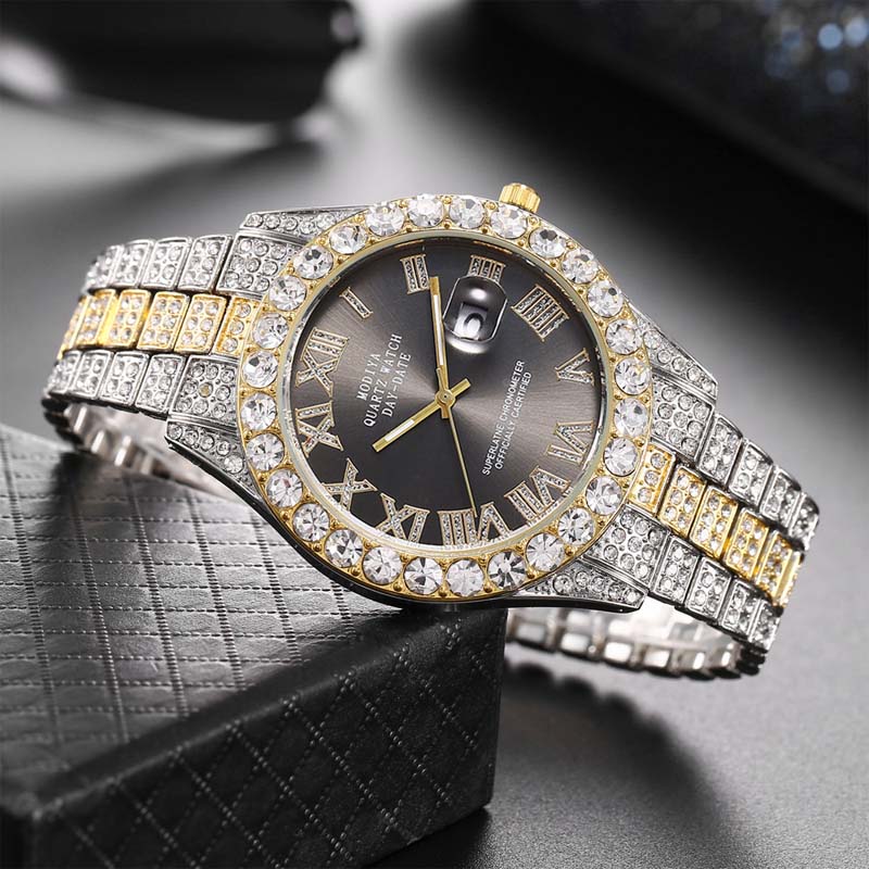 Kvinders kvartsur med rhinestone stål armbån