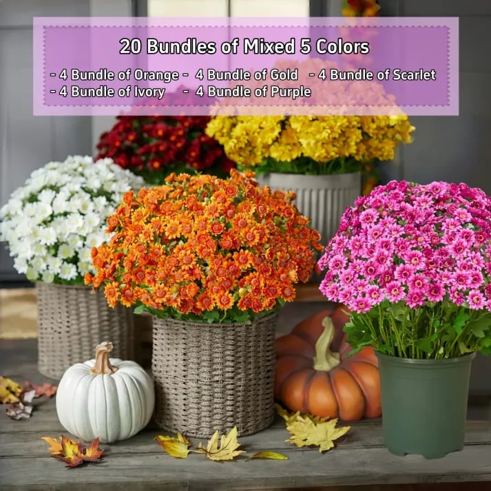 💥Sidste dag! Kun 26 SEK pr. stk - Kunstige udendørs blomster "Sunset Mums" - UV-bestandige, vandtætte og vindbestandige