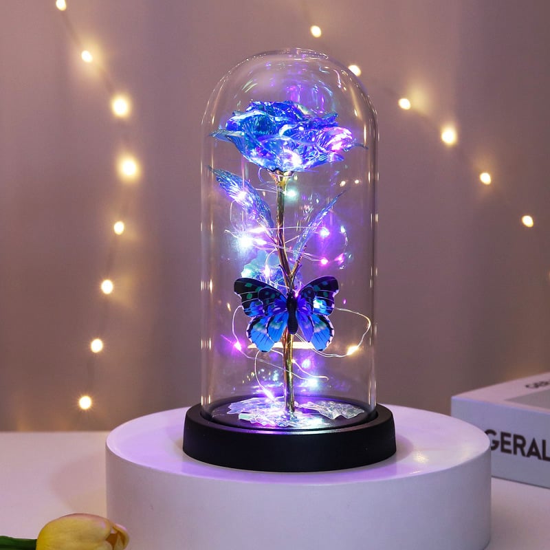 🌹Evig sommerfuglrose i glaskuppel med LED-lys