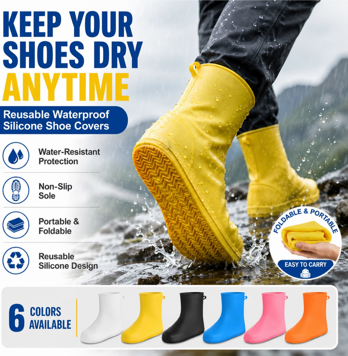 Ikke flere våde sneakers! Robuste regnstøvler — skridsikre og sammenfoldelige, så de passer i din taske 🌧️