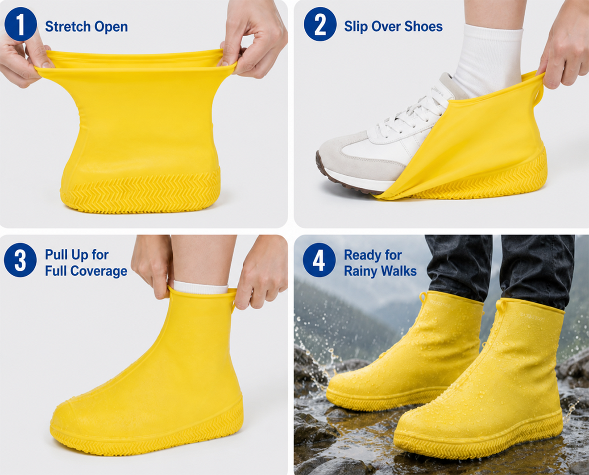 Ikke flere våde sneakers! Robuste regnstøvler — skridsikre og sammenfoldelige, så de passer i din taske 🌧️