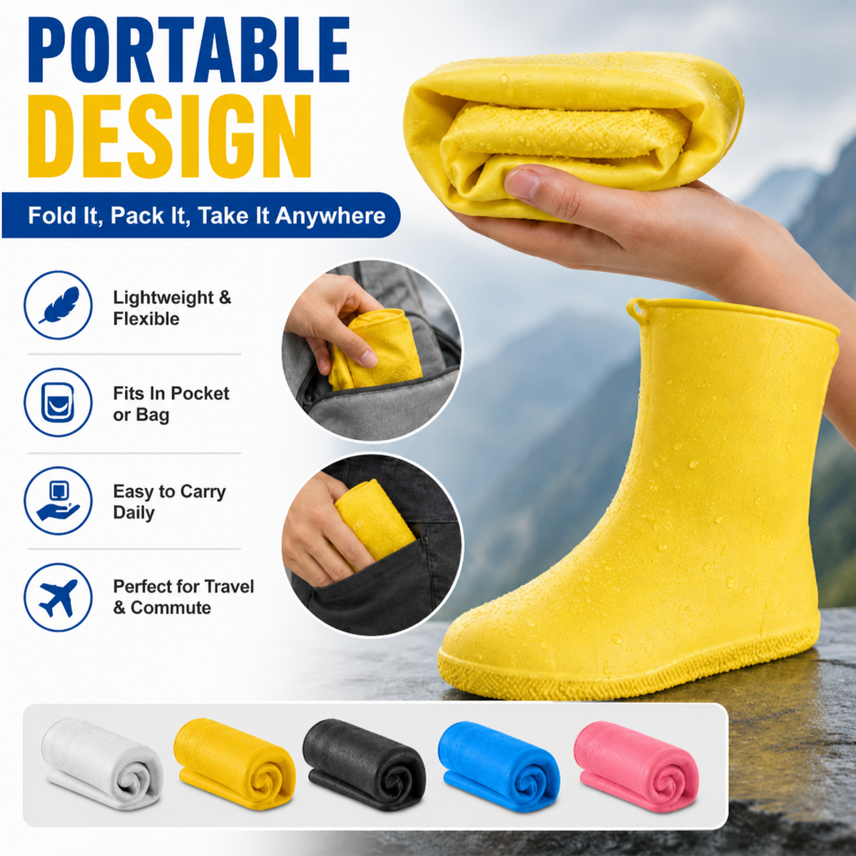 Ikke flere våde sneakers! Robuste regnstøvler — skridsikre og sammenfoldelige, så de passer i din taske 🌧️