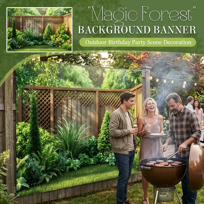 Banner med motiv af en magisk skov, blomster og sommerfugle — Dekoration til udendørs fødselsdagsfest