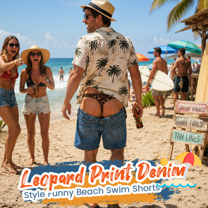 Sjove badeshorts i leopardmønster, der ligner denim | Originale badeshorts med optisk illusion