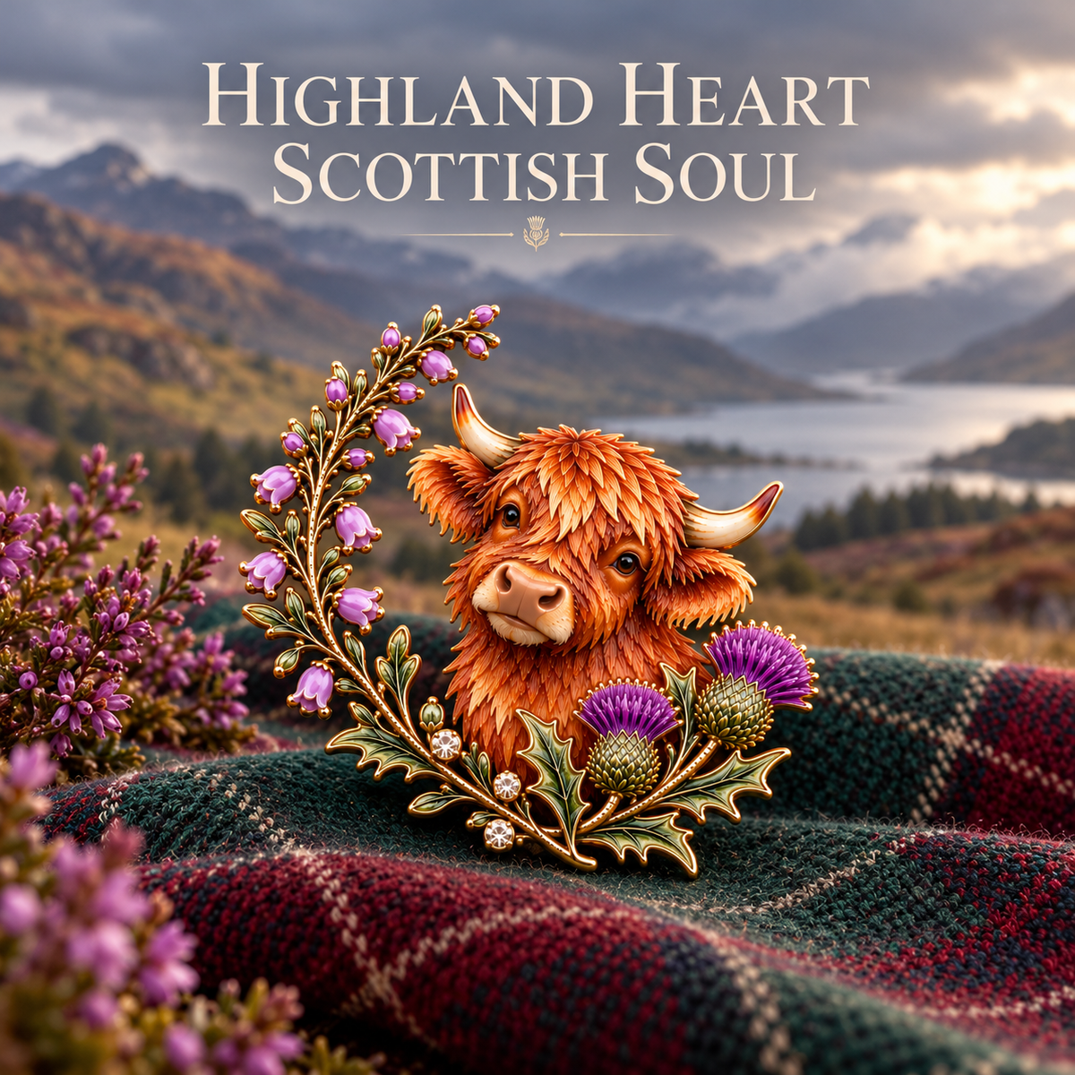 🐮Highland-ko og tidsel 🏴󠁧󠁢󠁳󠁣󠁴󠁿 Emaljebroche med skotsk kulturarv
