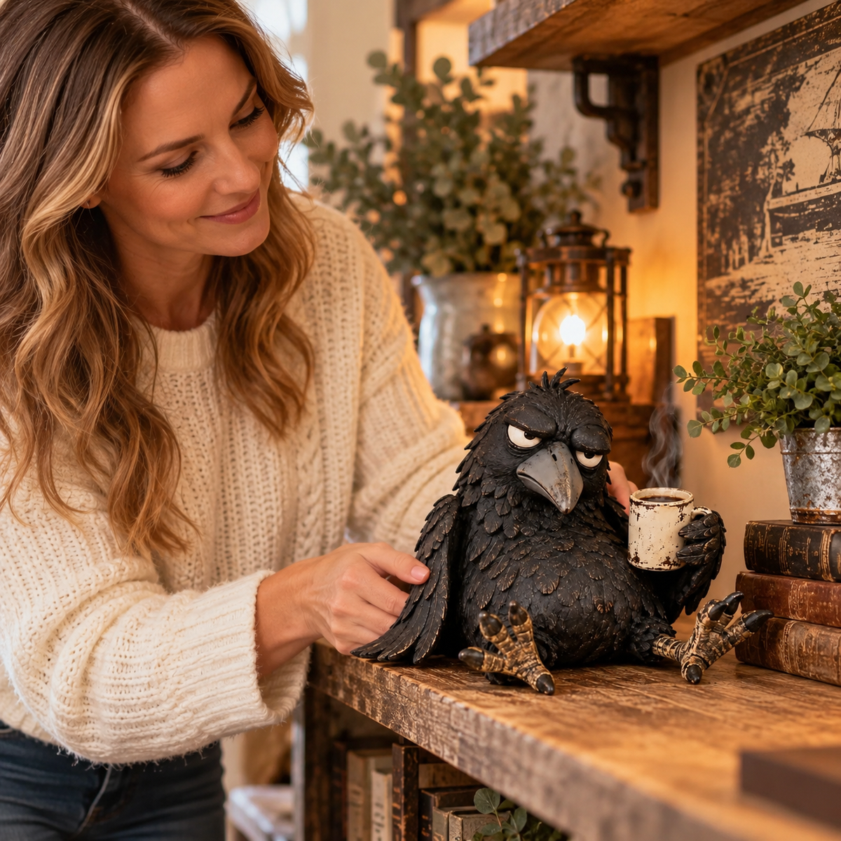 Grumpy Coffee-ravn-figur – »Ikke endnu« – sjov morgenpynt