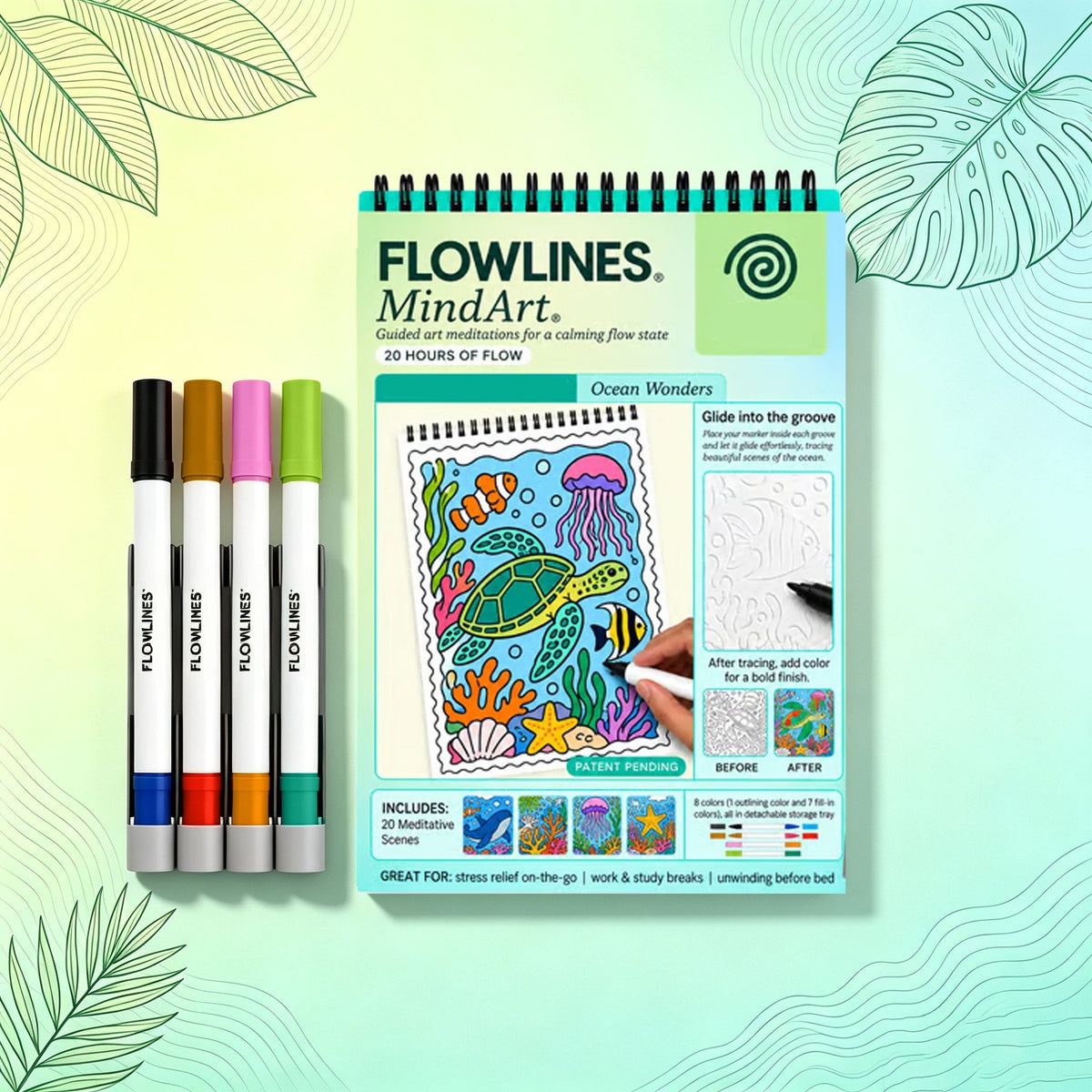 🌿  Malebog med vejledning til flow-kunst og dobbeltsidede tuschpenne 🎨
