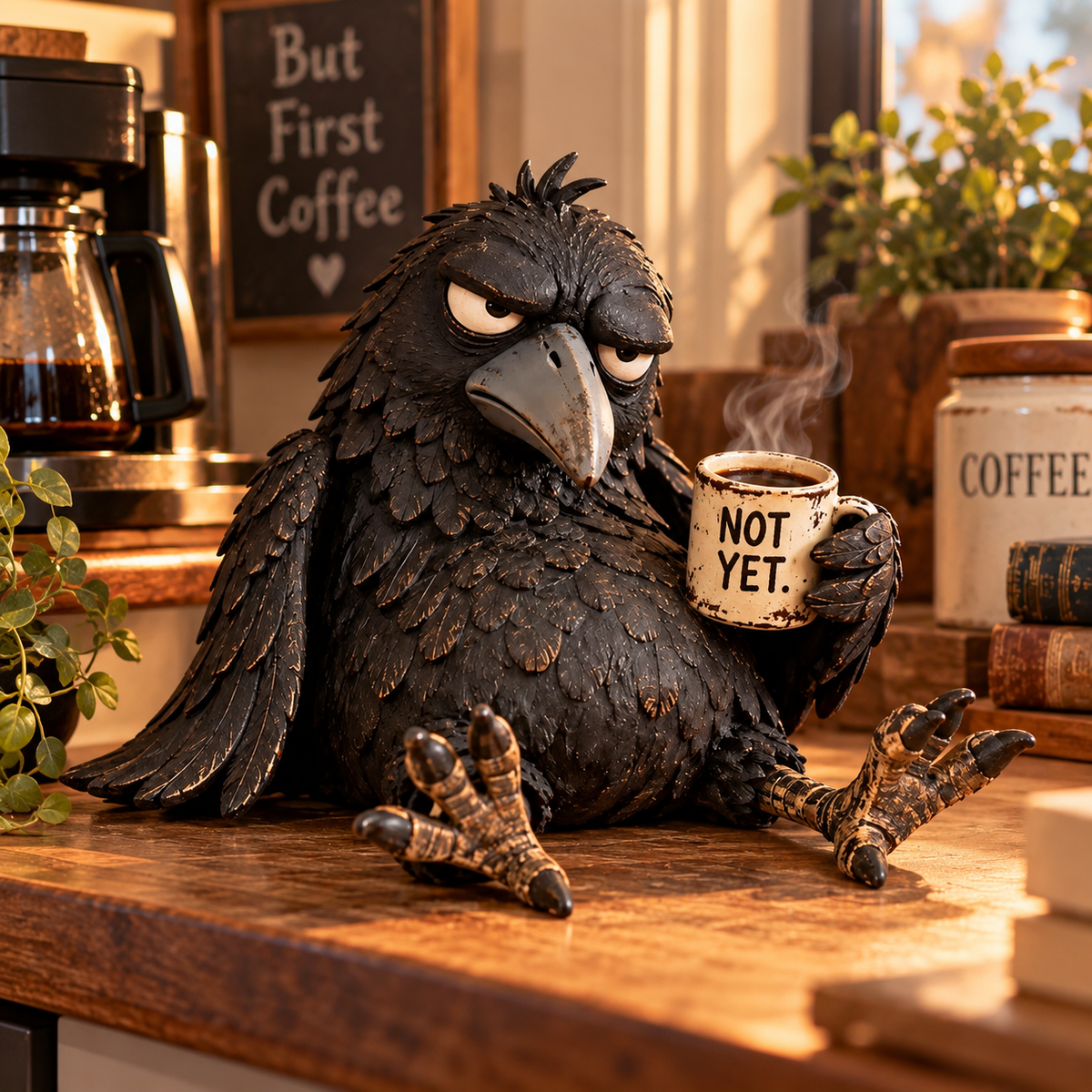 Grumpy Coffee-ravn-figur – »Ikke endnu« – sjov morgenpynt