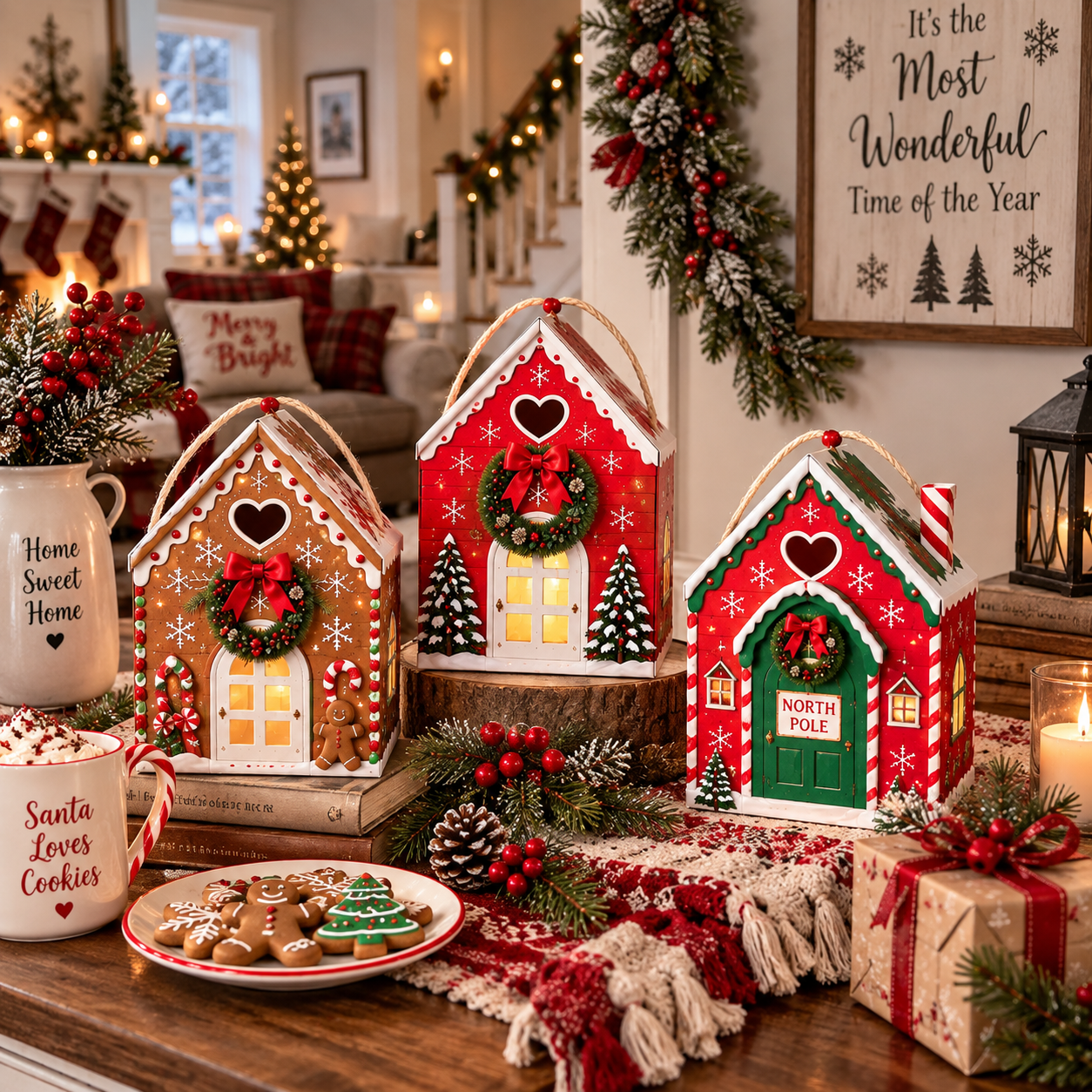 Gaveæske »Christmas Magic House« – Kreativ 3D-gaveemballage til julen, der kan holdes i hånden
