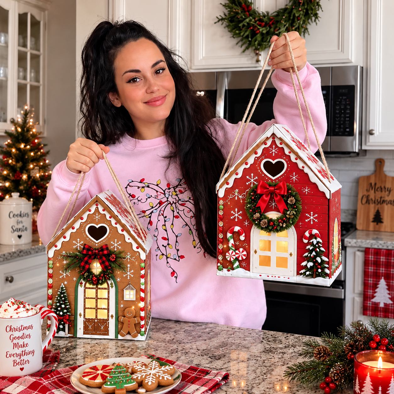 Gaveæske »Christmas Magic House« – Kreativ 3D-gaveemballage til julen, der kan holdes i hånden
