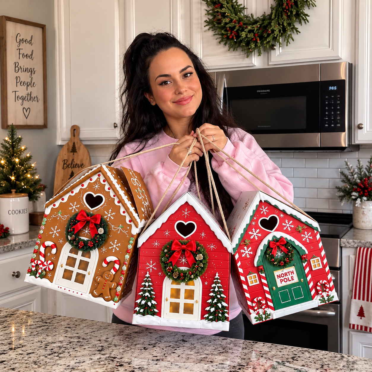 Gaveæske »Christmas Magic House« – Kreativ 3D-gaveemballage til julen, der kan holdes i hånden