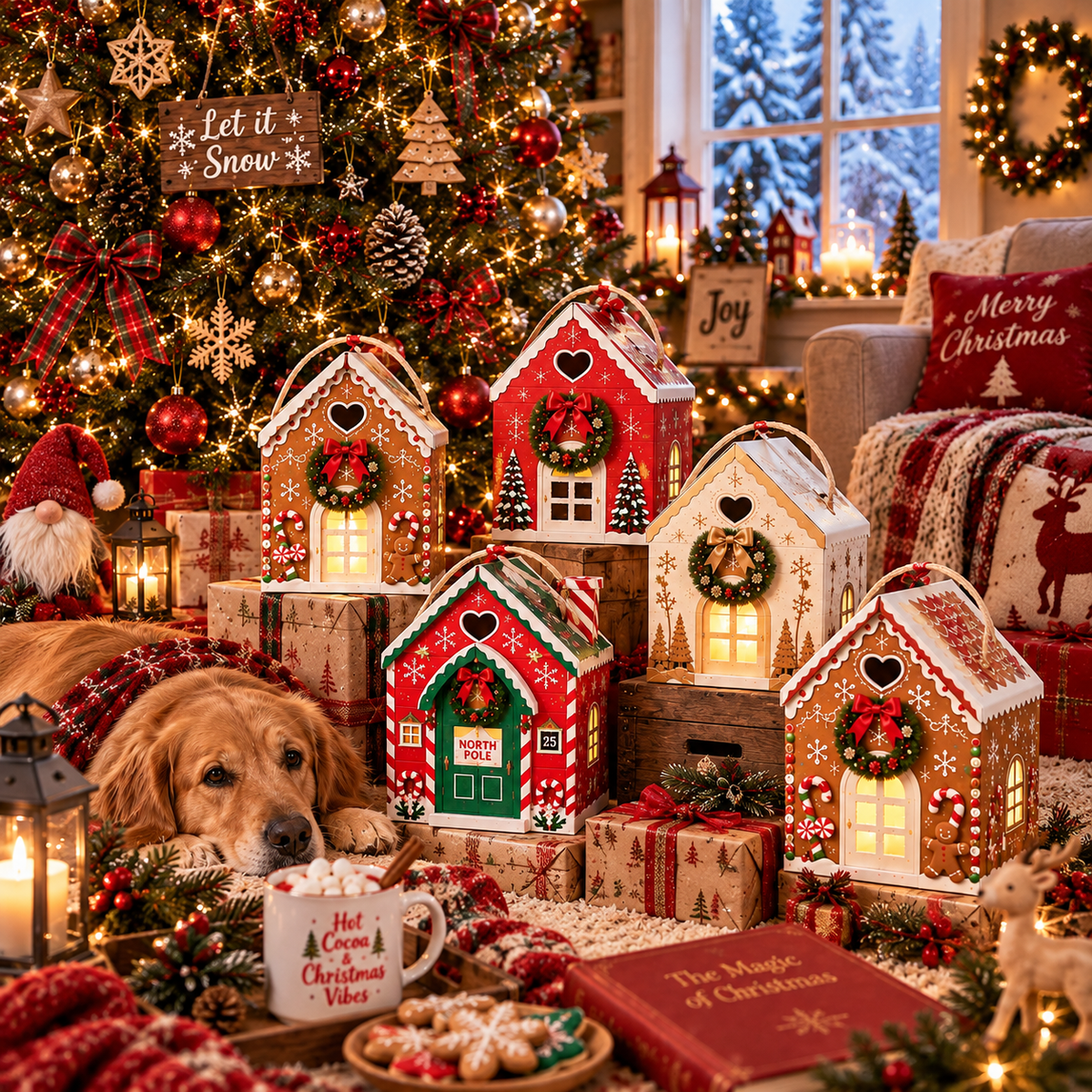 Gaveæske »Christmas Magic House« – Kreativ 3D-gaveemballage til julen, der kan holdes i hånden