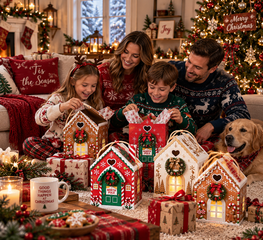 Gaveæske »Christmas Magic House« – Kreativ 3D-gaveemballage til julen, der kan holdes i hånden