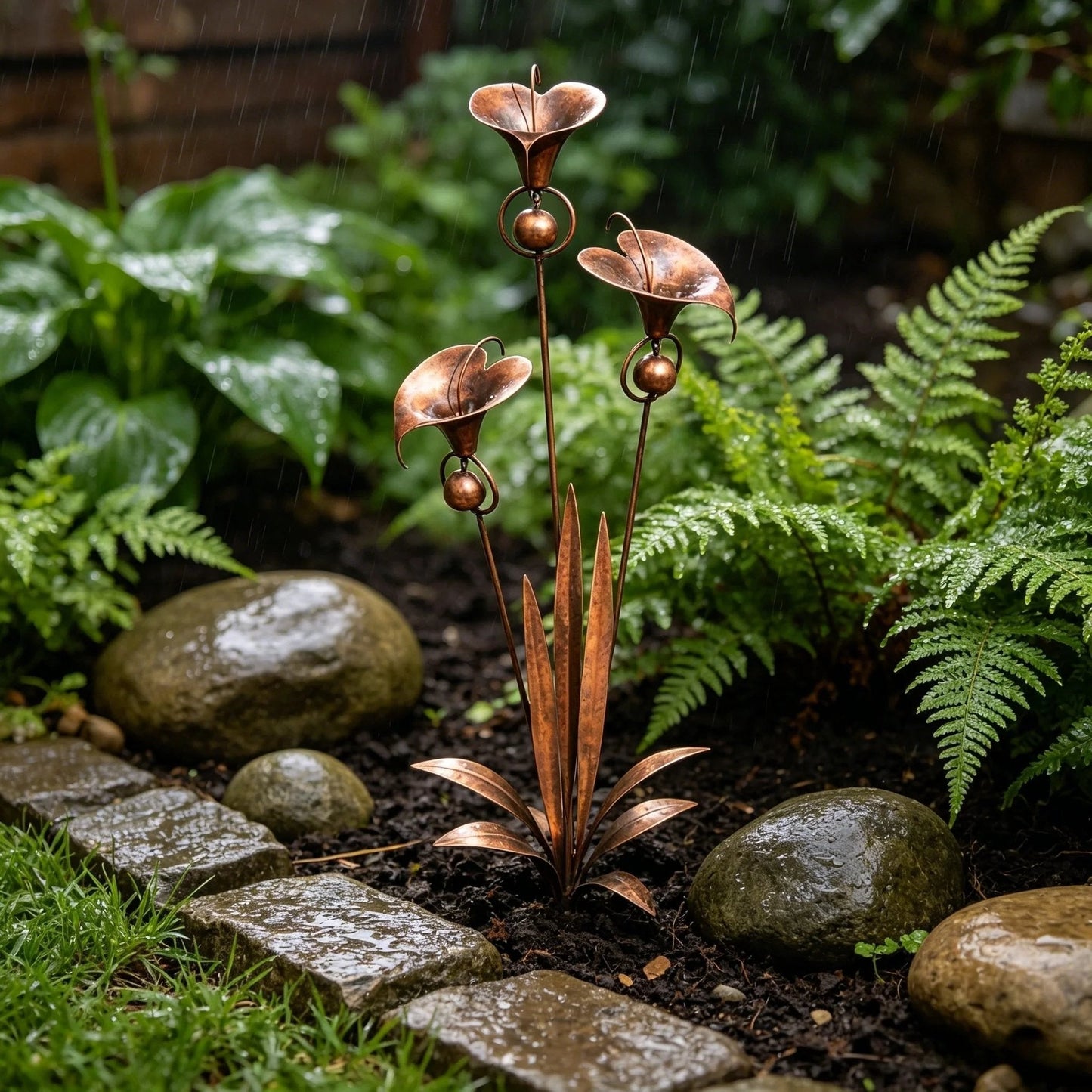 🏡Havepind i flammeret kobber med tre calla-liljer og klokker