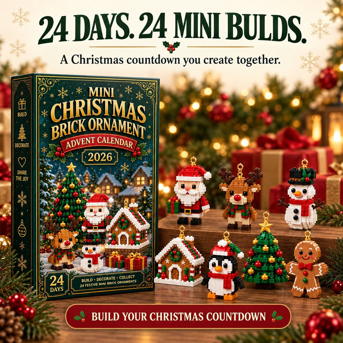 🎄24-dages mini-julekalender med byggeklodser | 24 unikke julemotiver, der kan samles, med ophæng til juletræer, guirlander og julepynt 🧱