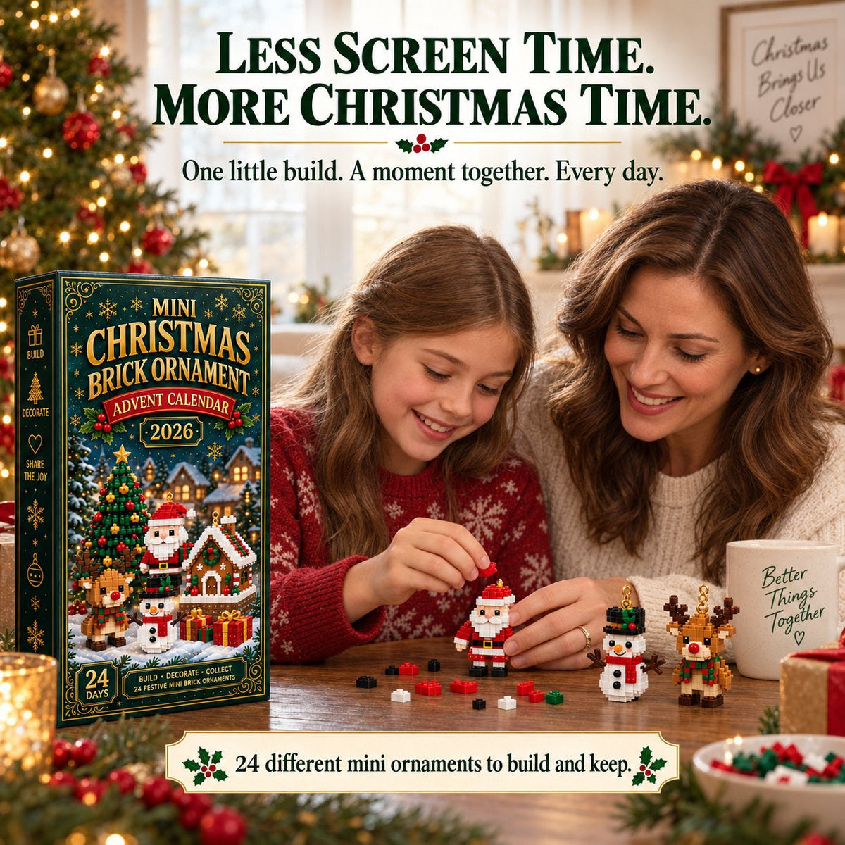 🎄24-dages mini-julekalender med byggeklodser | 24 unikke julemotiver, der kan samles, med ophæng til juletræer, guirlander og julepynt 🧱