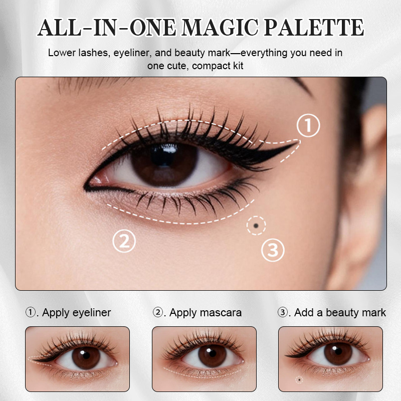 3-i-1 bærbart øjenmakeup-sæt: Stempel til nedre vipper + prikker til skønhedspletter + eyeliner