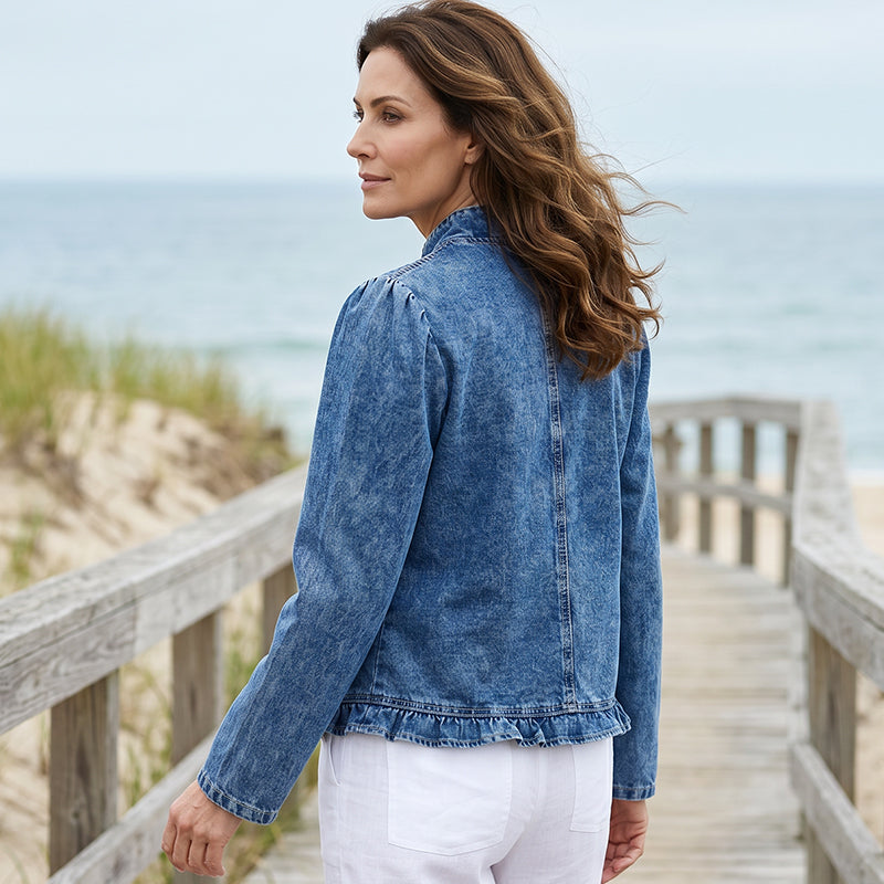 🧥 BEGRÆNSET TILBUD: 50 % RABAT! ✨ Denimjakke til kvinder – åben foran, flæsekant, let, klassisk vask ✨