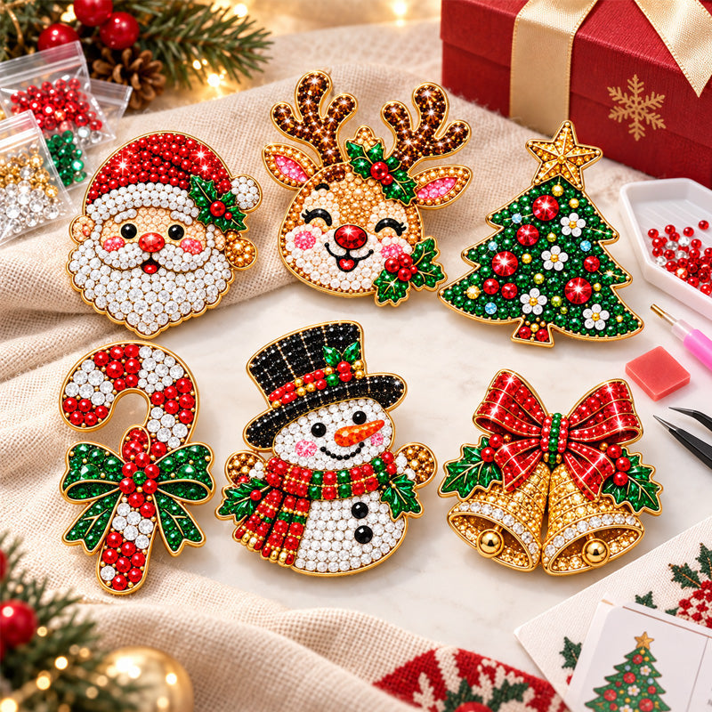 ✨🎄 DIY-sæt til diamantmaleri-broche til jul — 6 festlige motiver, glimmer du kan bære
