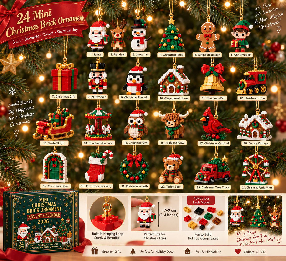 🎄24-dages mini-julekalender med byggeklodser | 24 unikke julemotiver, der kan samles, med ophæng til juletræer, guirlander og julepynt 🧱