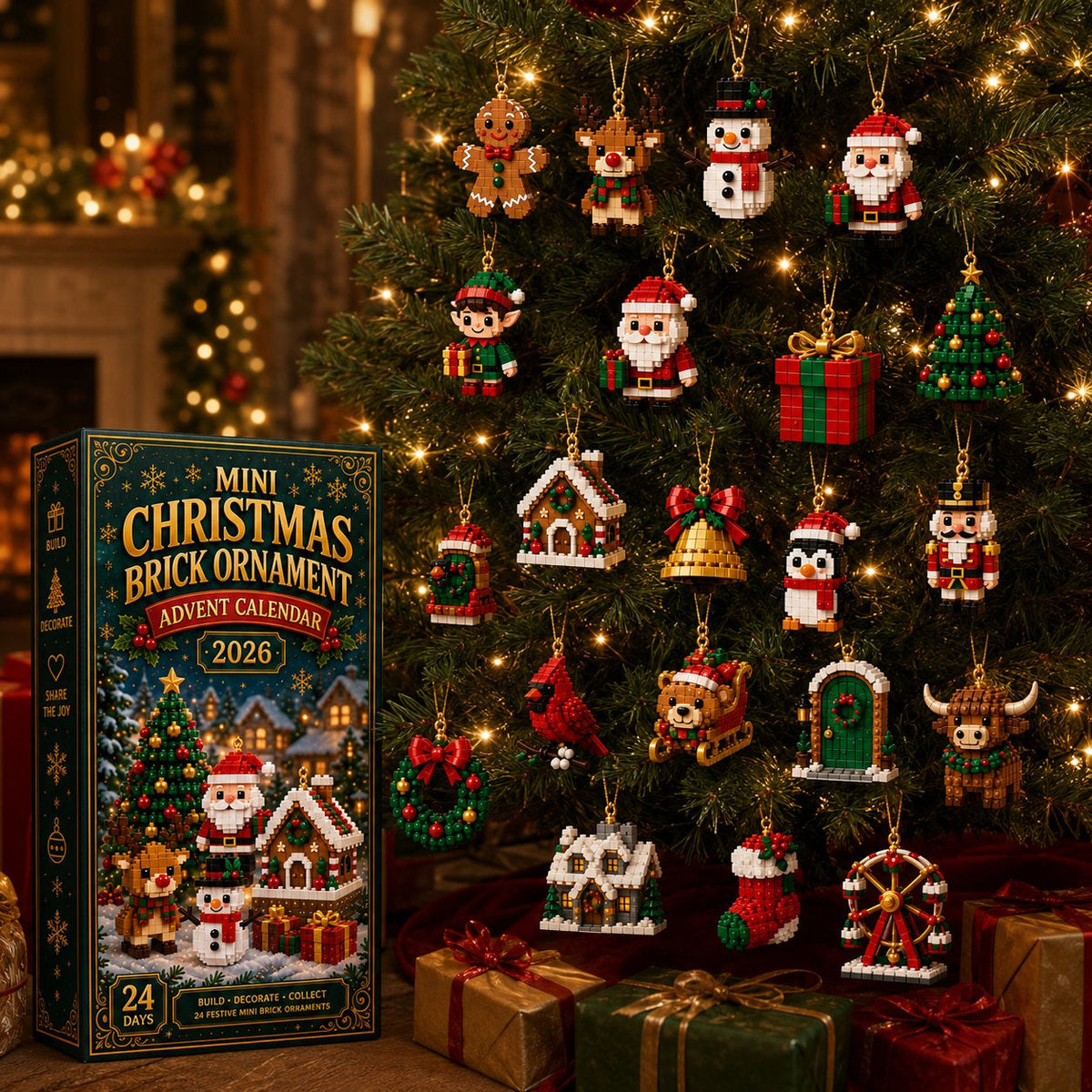 🎄24-dages mini-julekalender med byggeklodser | 24 unikke julemotiver, der kan samles, med ophæng til juletræer, guirlander og julepynt 🧱