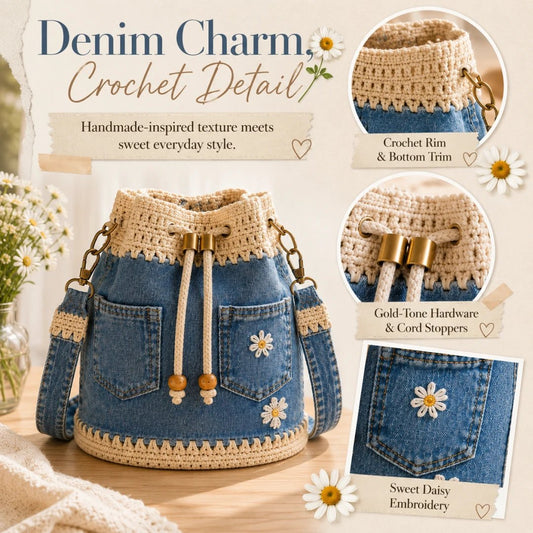 🔥STORT UDSALG 50 % RABAT✨👜Hæklet bucket-taske i denim