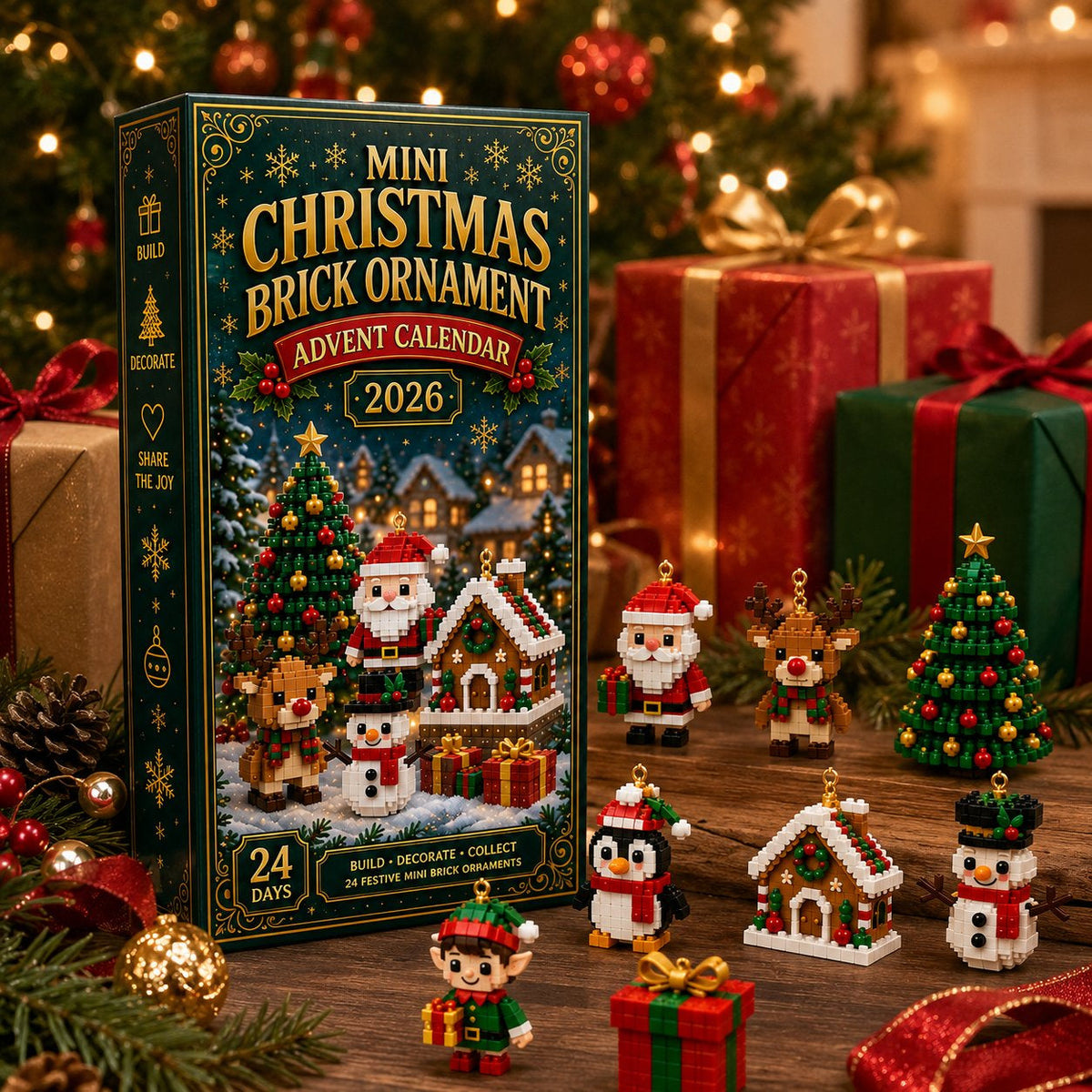 🎄24-dages mini-julekalender med byggeklodser | 24 unikke julemotiver, der kan samles, med ophæng til juletræer, guirlander og julepynt 🧱