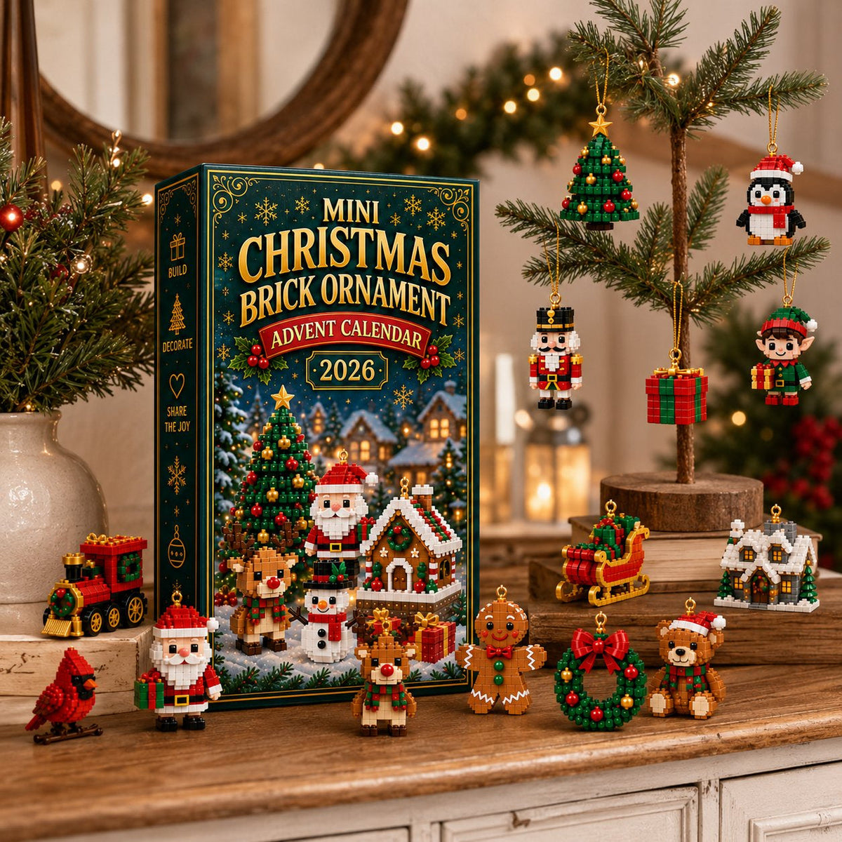 🎄24-dages mini-julekalender med byggeklodser | 24 unikke julemotiver, der kan samles, med ophæng til juletræer, guirlander og julepynt 🧱