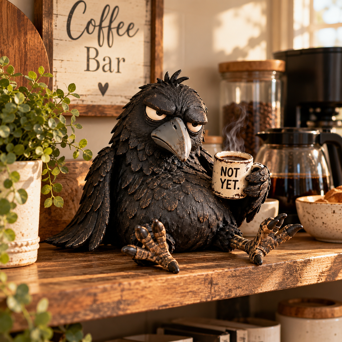 Grumpy Coffee-ravn-figur – »Ikke endnu« – sjov morgenpynt